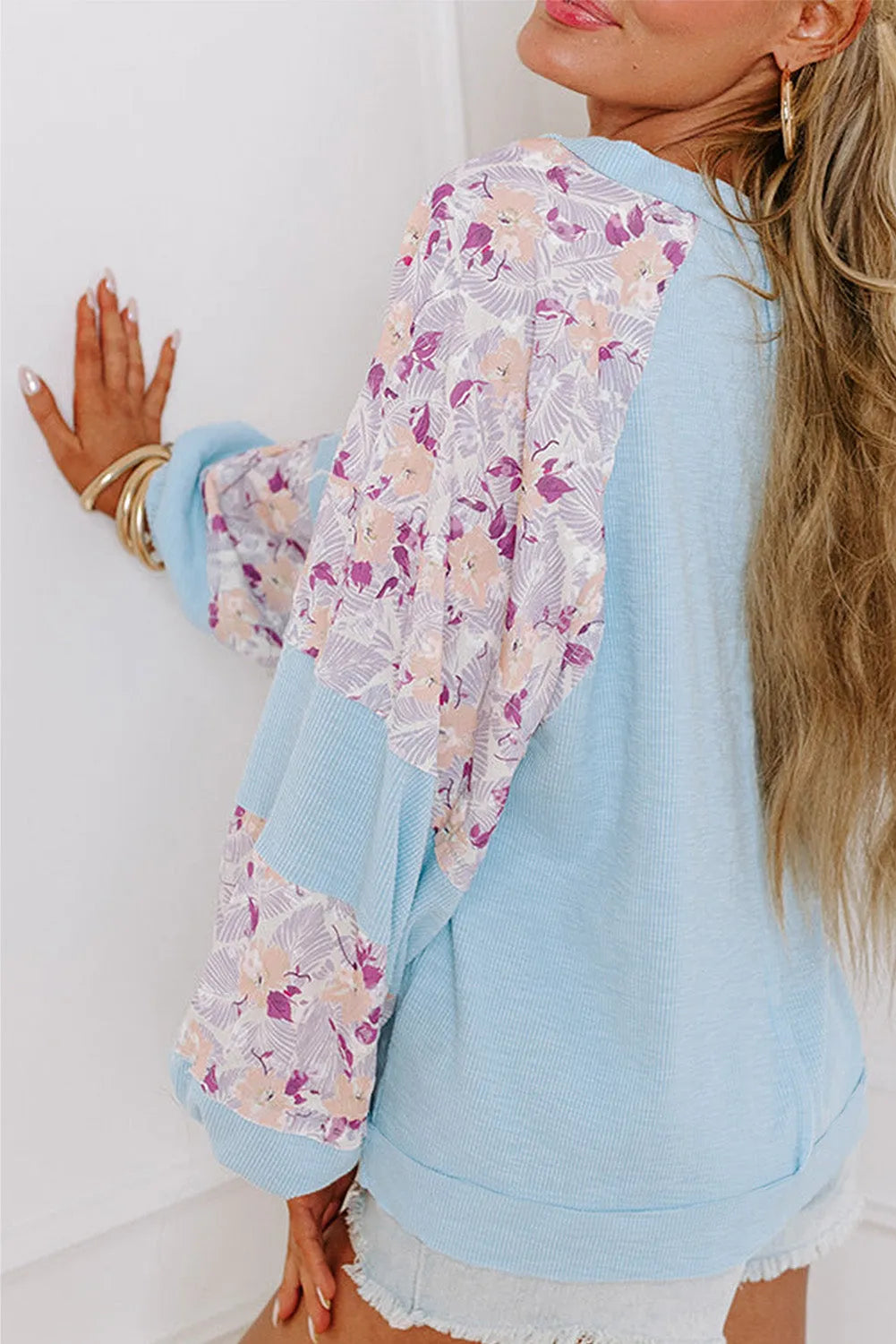 Beau Blue Textured Floral Patchwork Balloon Sleeve Blouse - Chic Meadow Boutique 