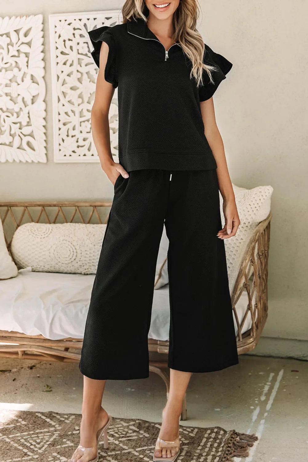 Black Textured Flutter Sleeve Top Wide Leg Pants Set - Chic Meadow Boutique 