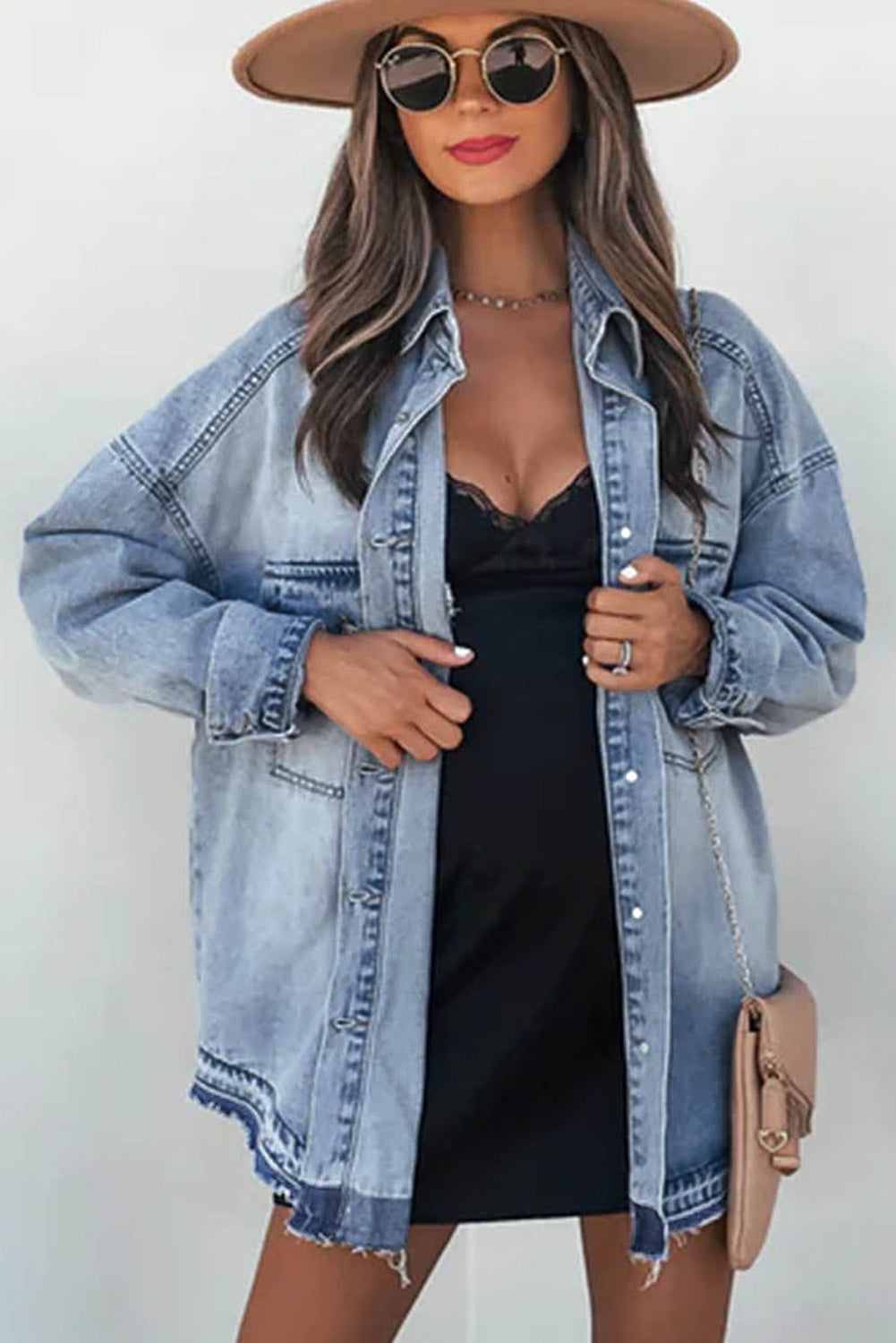 Sky Blue Flap Pocket Buttoned Oversized Denim Jacket - Chic Meadow Boutique 