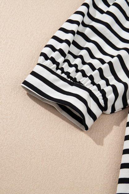 Black Stripe Contrast V Neck Collared Puff Sleeve T Shirt Mini Dress with Pockets