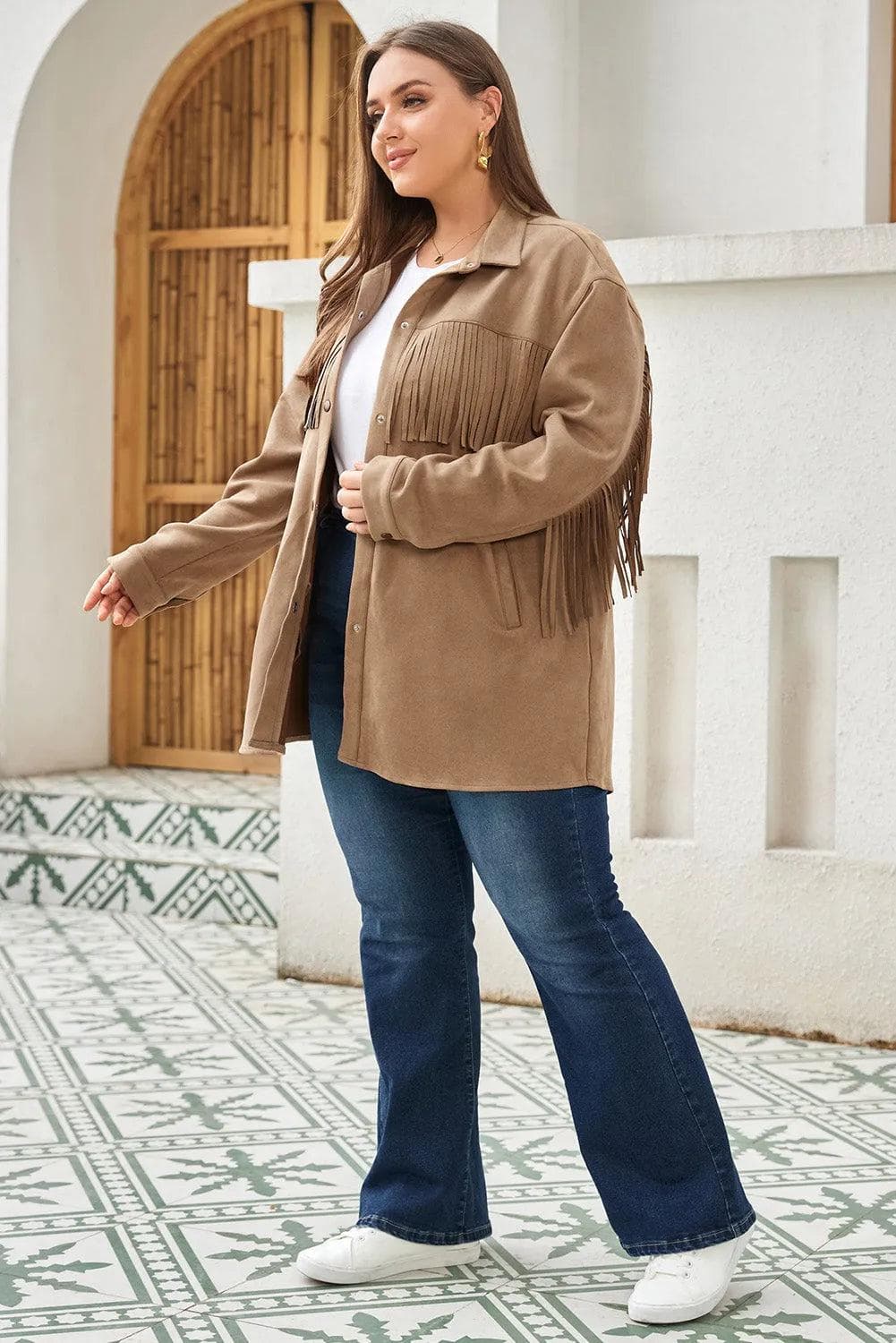 Plus Size/Plus Size Outerwear Khaki Fringe Trim Plus Size Suede Shacket