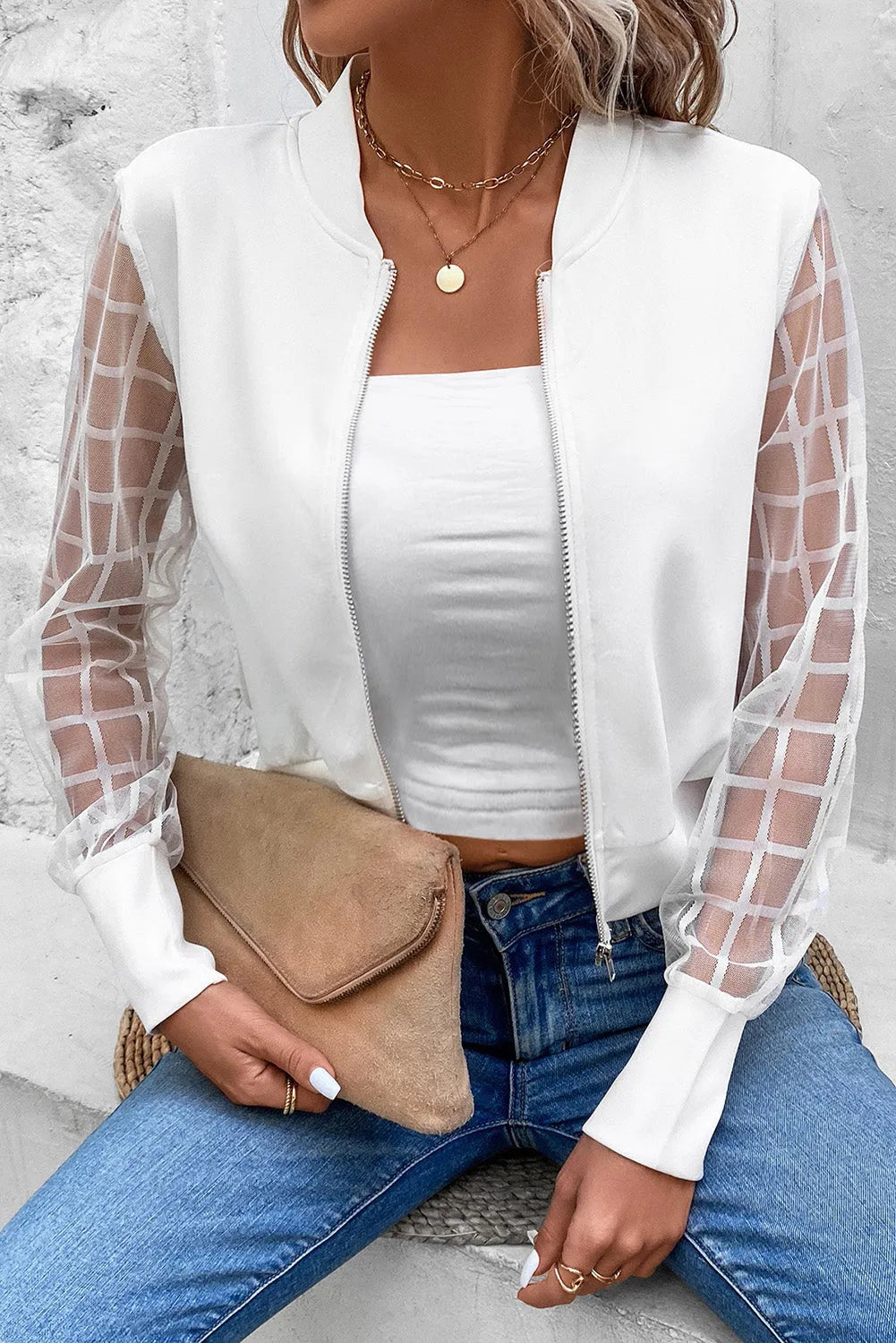 White Latticed Mesh Sleeve Zip Up Bomber Jacket - Chic Meadow Boutique 