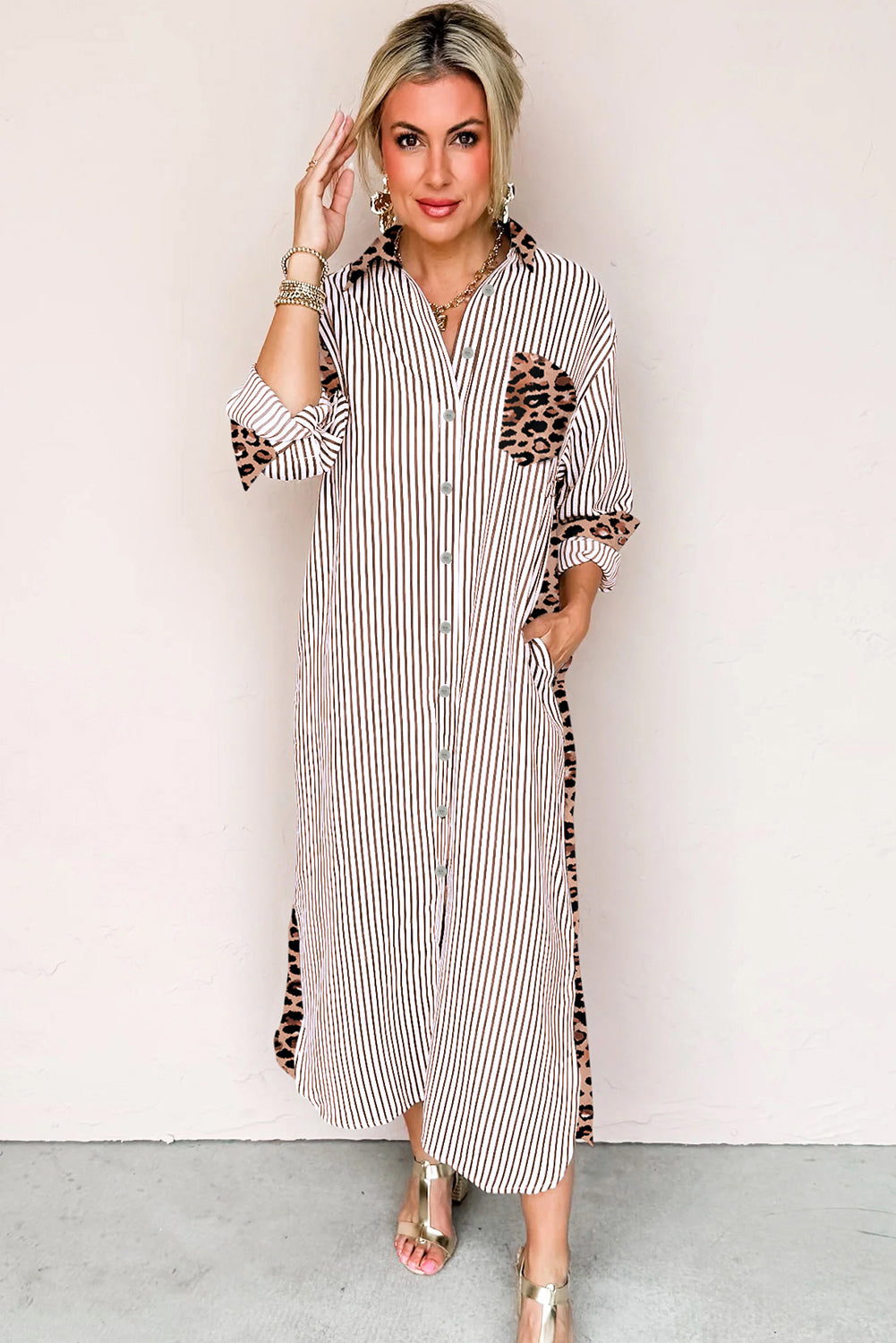 Brown Stripe Contrast Leopard Patchwork Long Shirt Dress with Slits
