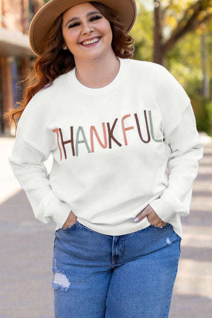 Plus Size/Plus Size Sweaters & Cardigans White Plus Size Thankful Ivory Embroidered Sweater