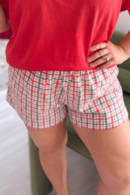 Red Plaid Print Casual Plus Size Shorts