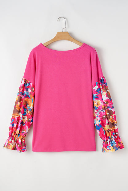 Bright Pink Floral Patchwork Flounce Sleeve Rib Knit Plus Top