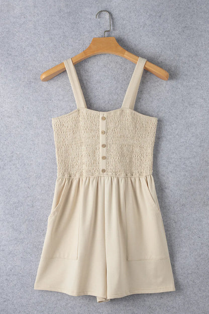 Beige Buttons Smocked Sleeveless Romper - Chic Meadow Boutique 