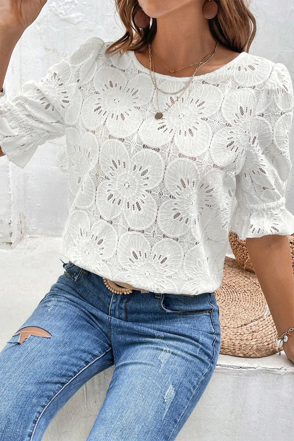 White Flower Eyelet Jacquard Keyhole Flounce Sleeve Top - Chic Meadow Boutique 