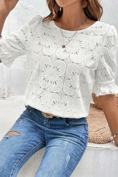 White Flower Eyelet Jacquard Keyhole Flounce Sleeve Top - Chic Meadow Boutique 