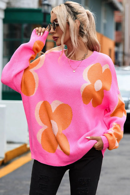 Flower Pattern Slouchy Sweater - Chic Meadow Boutique 