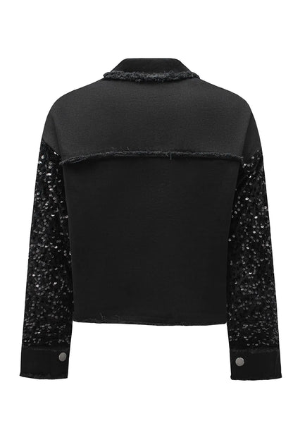 Black Sequin Sleeve Pocketed Raw Hem Denim Jacket - Chic Meadow Boutique 