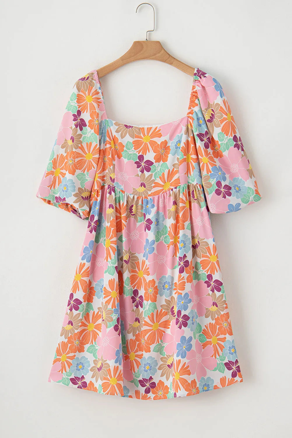 Pink Summer Floral Square Neck Puff Sleeve Babydoll Dress - Chic Meadow Boutique 