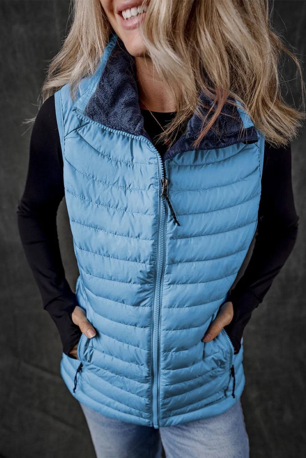 Sky Blue Plush Collared Quilted Zipped Puffer Vest - Chic Meadow Boutique 