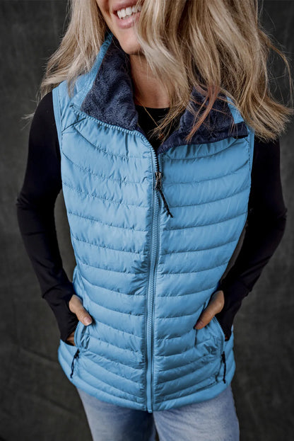 Sky Blue Plush Collared Quilted Zipped Puffer Vest - Chic Meadow Boutique 