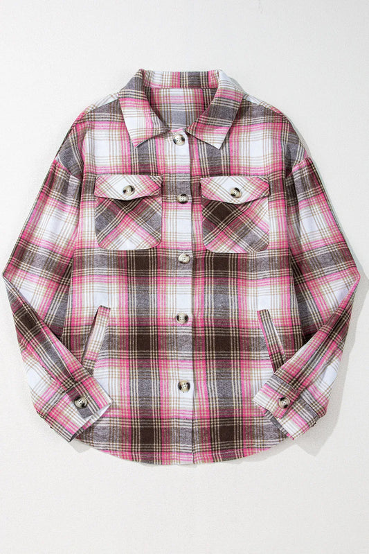 Pink Plaid Flap Pocket Button Up Shacket - Chic Meadow Boutique 