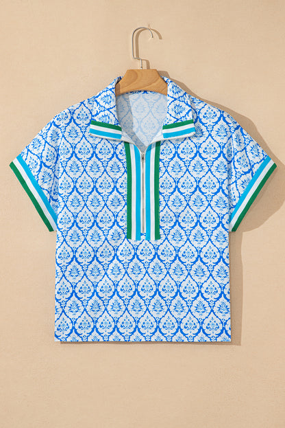 Sky Blue Western Print Zipped Collar Short Sleeve Summer Blouse Top