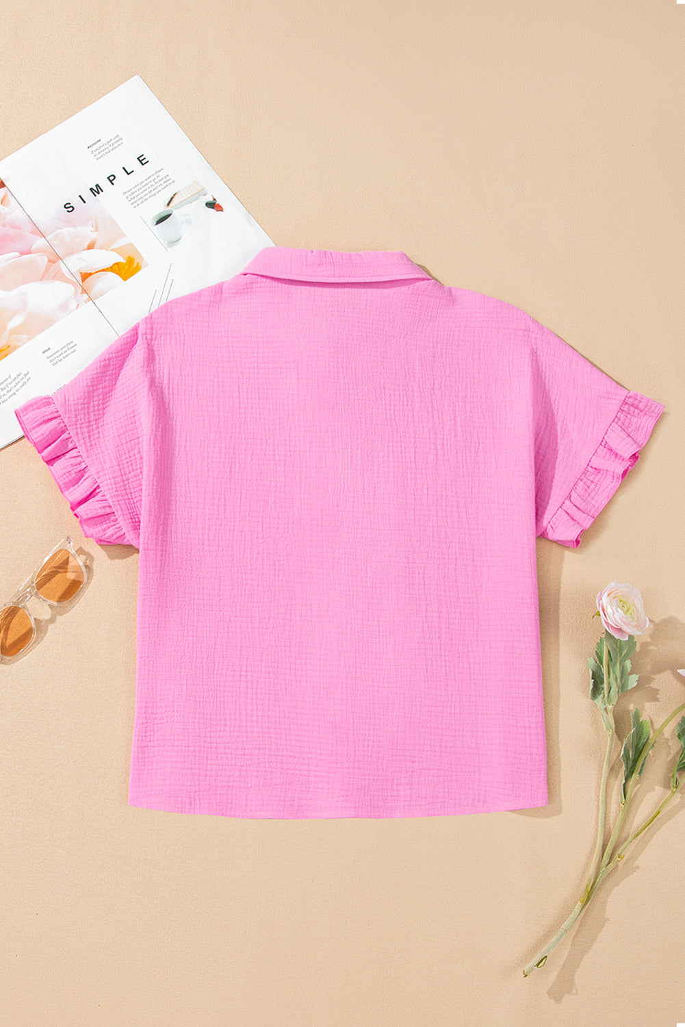 Bonbon Mineral Wash Textured Ruffle Trim Short Sleeve Shirt