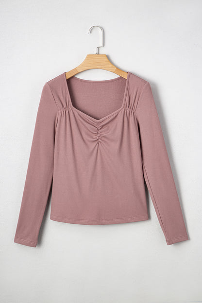 Old Rose Gathered Bust Square Neck Ribbed Fit Long Sleeve Top