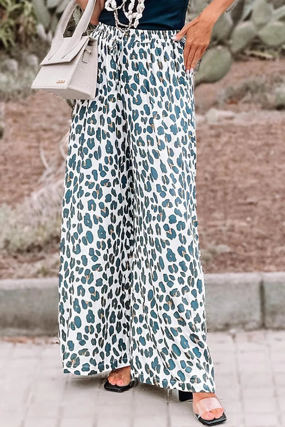 White Leopard Print Pocketed Wide Leg Pants - Chic Meadow Boutique 