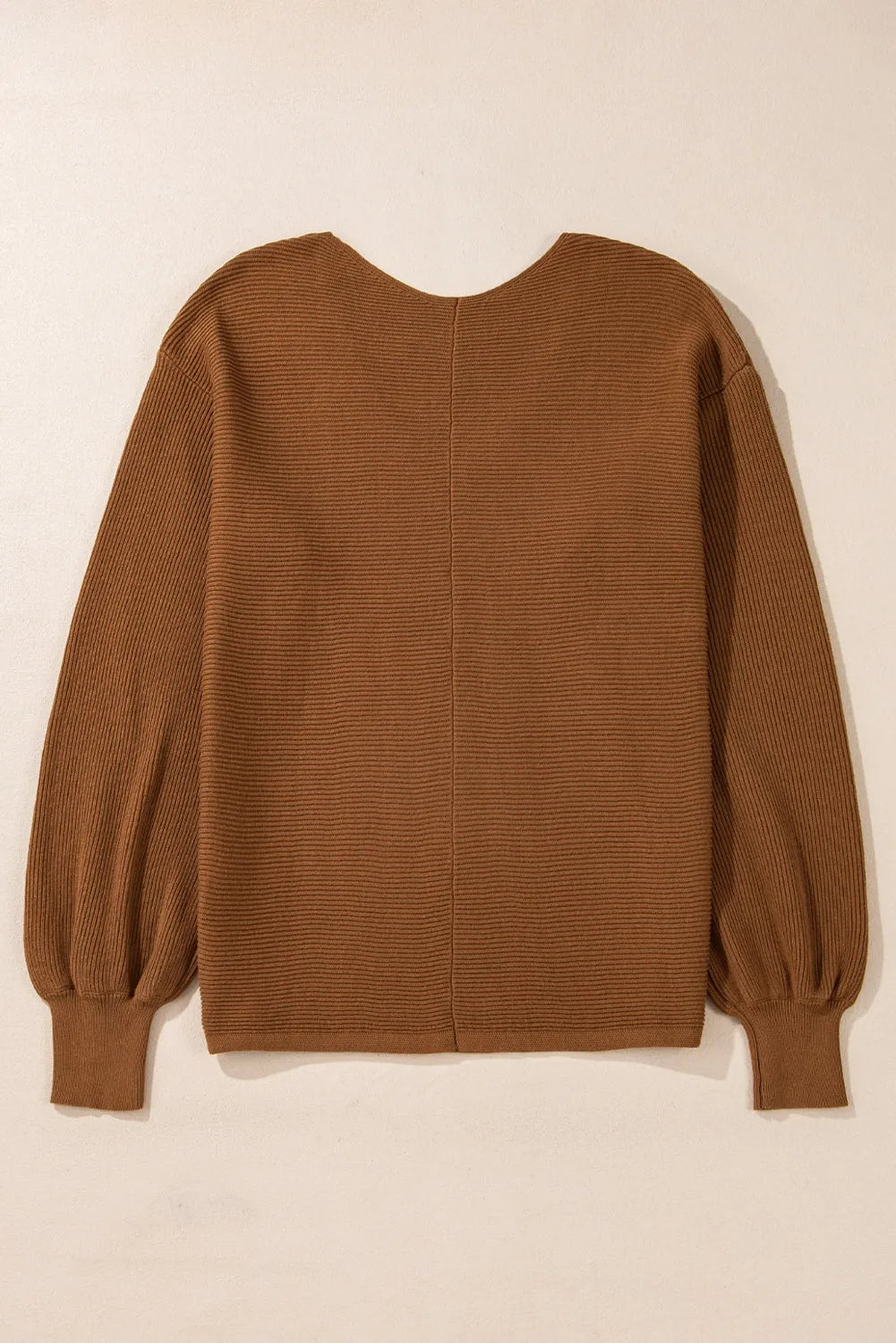 Camel Ribbed Knit Drop Sleeve V Neck Loose Fit Sweater - Chic Meadow Boutique 