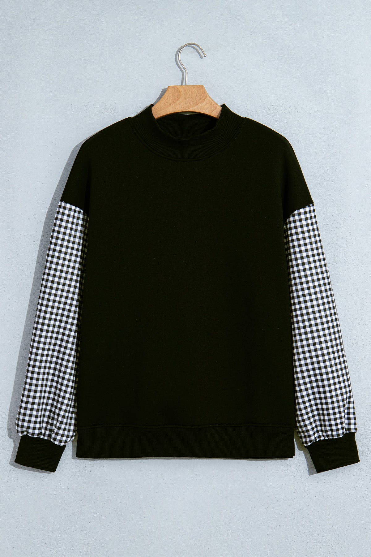 Black Plaid Sleeve Colorblock Loose Tunic Sweatshirt