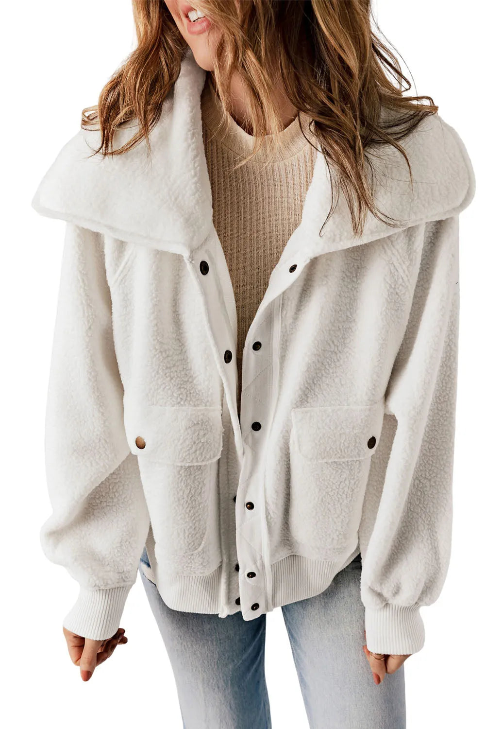 White Button Flap Pocket Spread Collar Fleece Jacket - Chic Meadow Boutique 