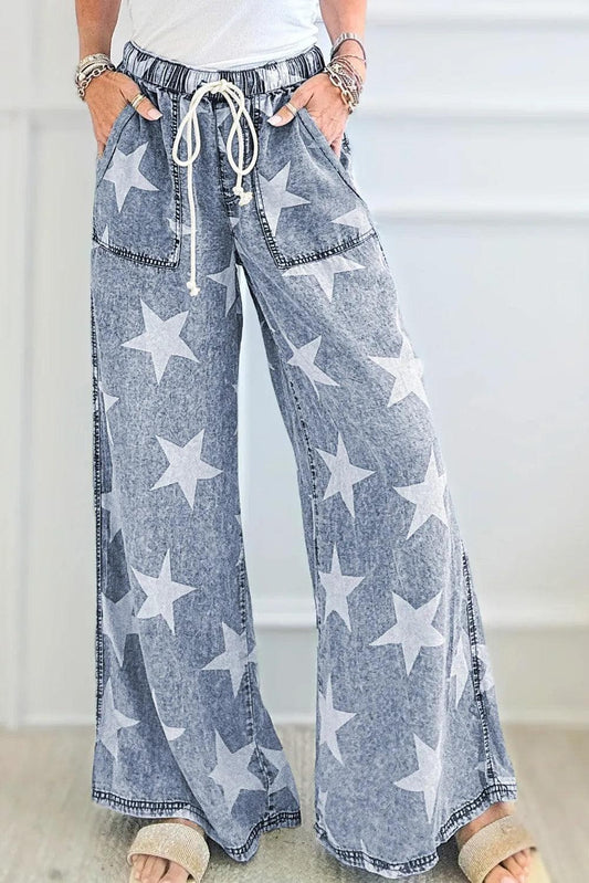 Bottoms/Jeans Light Blue / 6 / 82%Cotton+10%Polyester+8%Viscose Light Blue Star Print Light Wash Drawstring High Waist Wide Leg Jeans