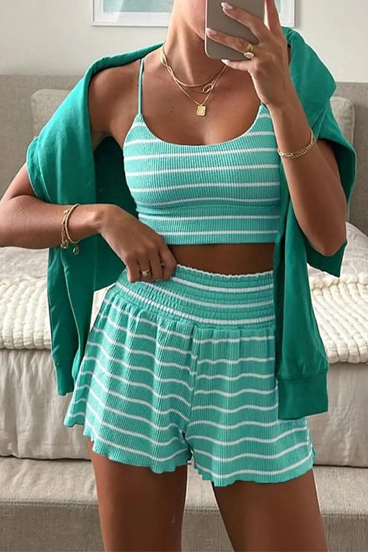 Two Piece Sets/Short Sets Green Stripe / S / 75%Viscose+20%Polyester+5%Elastane Green Stripe U Neck Crop Cami Top and Shorts Outfit