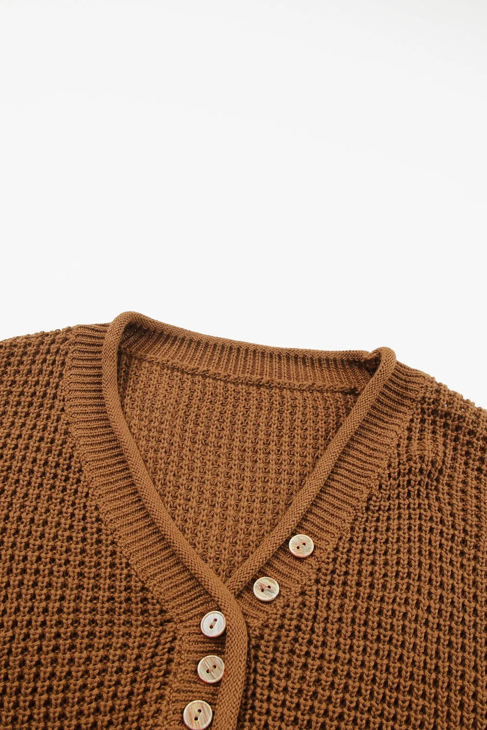 Coffee Pointelle Knit Button V Neck Drop Shoulder Sweater - Chic Meadow Boutique 