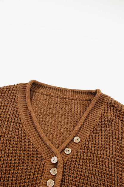 Coffee Pointelle Knit Button V Neck Drop Shoulder Sweater - Chic Meadow Boutique 