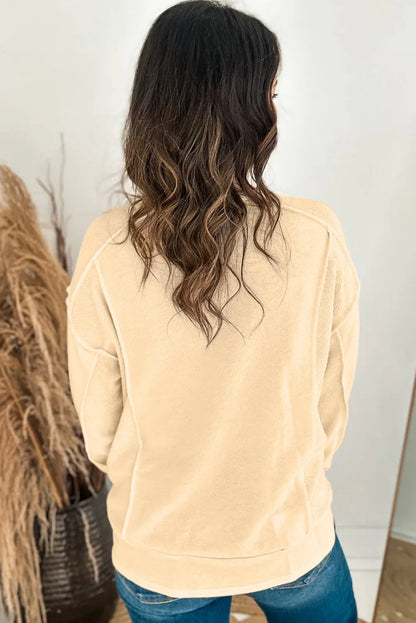 Beige Splicing Round Neck Pullover Sweatshirt - Chic Meadow Boutique 