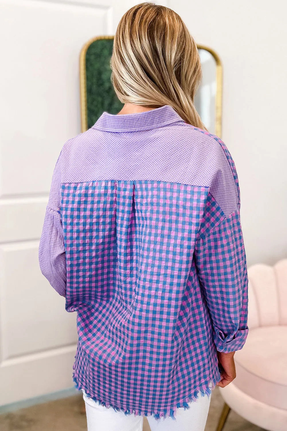 Purple Mixed Plaid Button Down Long Sleeve Chest Pocket Shirt - Chic Meadow Boutique 