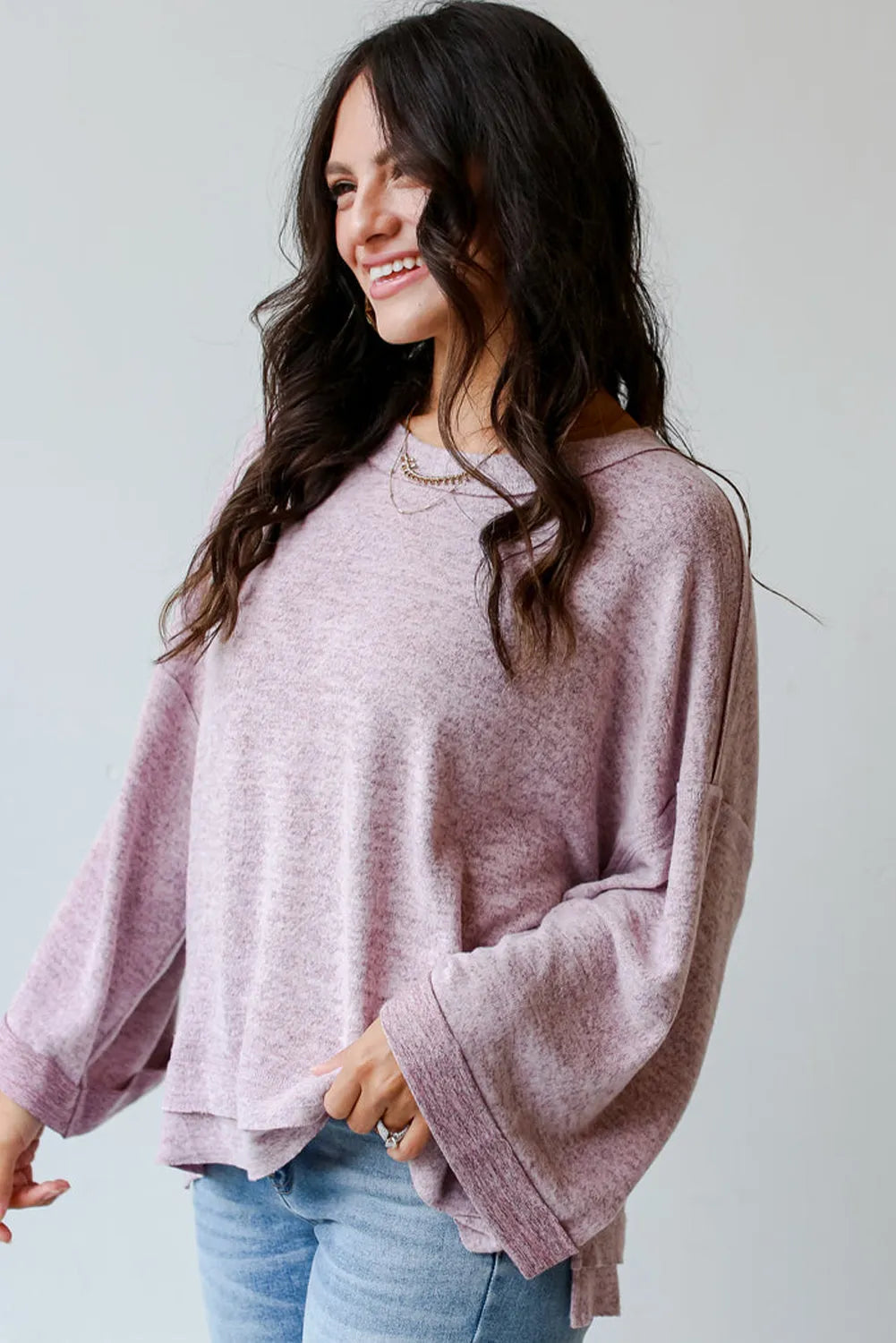 Orchid Petal Exposed Seam Drop Shoulder Wide Long Sleeve T Shirt - Chic Meadow Boutique 