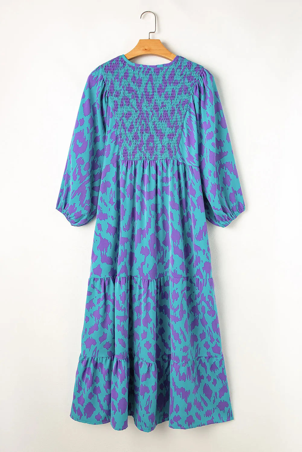 Sky Blue Abstract Print Puff Sleeve Tied Notched Neck Long Dress - Chic Meadow Boutique 