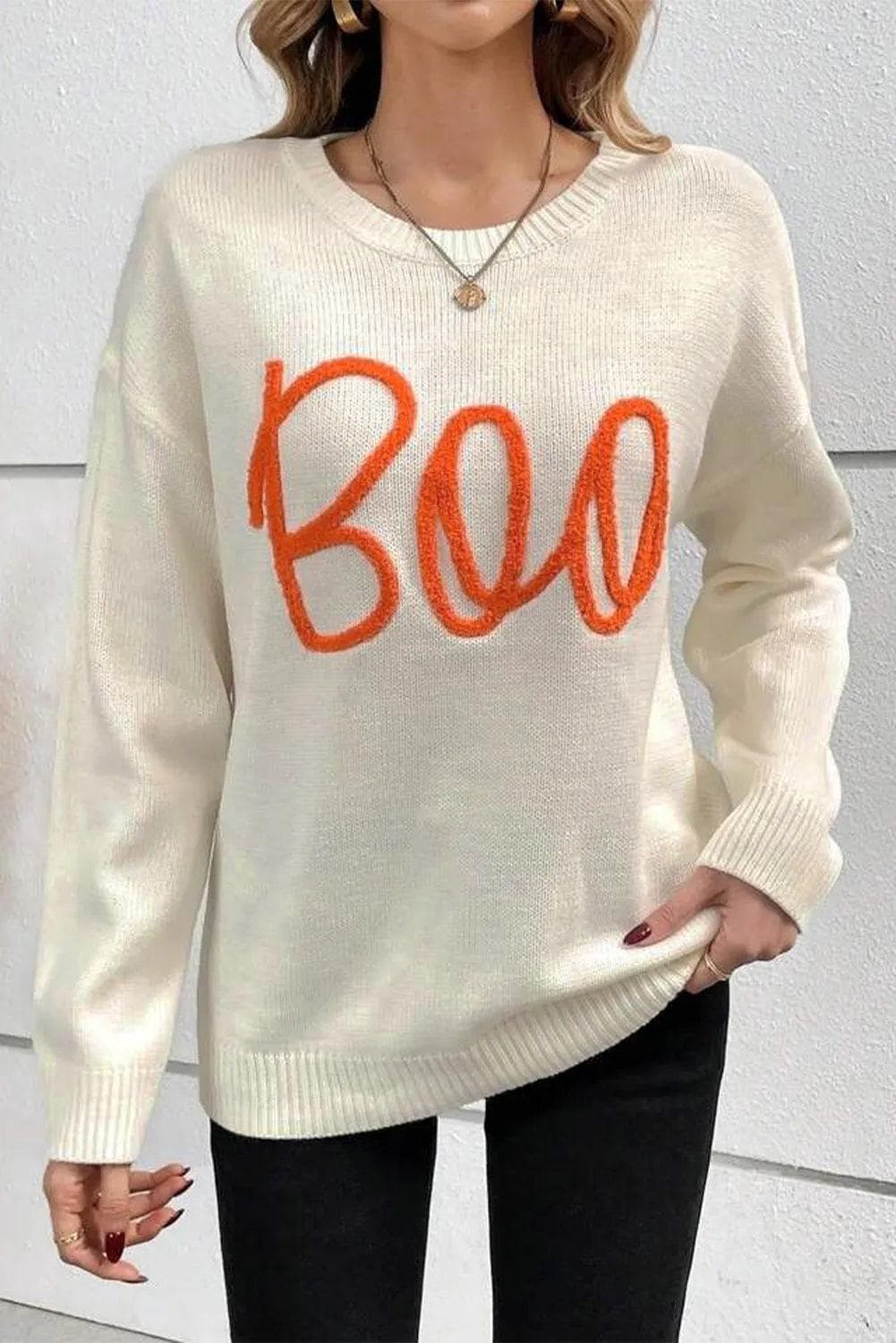 Sweaters & Cardigans/Sweaters Apricot Boo Knitted Pattern Ribbed Edge Drop Shoulder Sweater