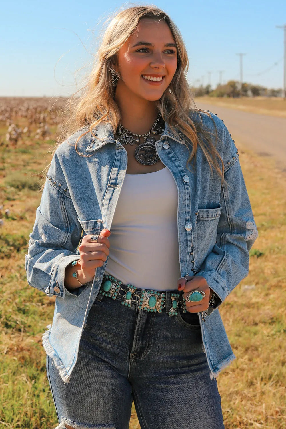 Sky Blue Studded Acid Wash Denim Jacket - Chic Meadow Boutique 