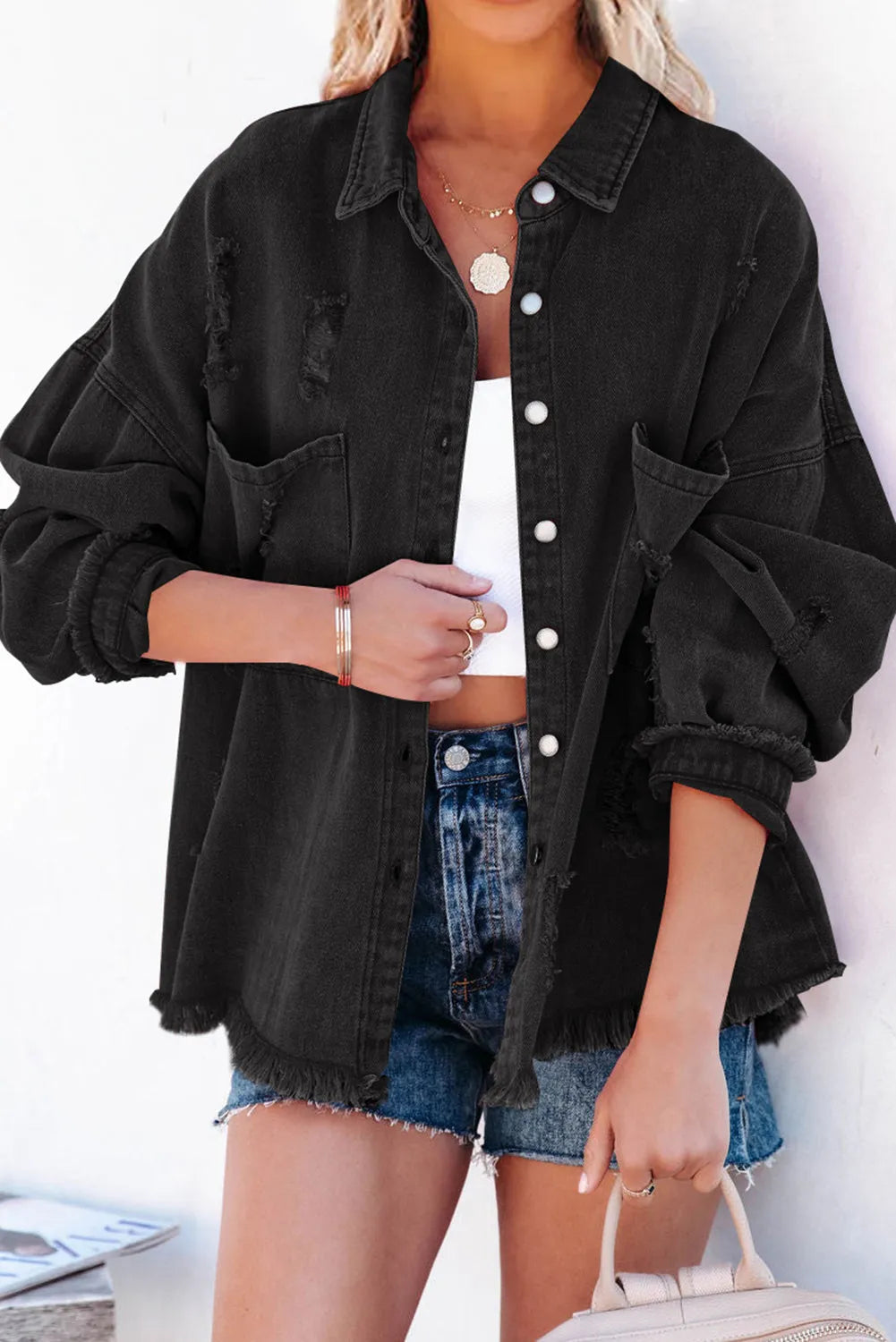 Black Distressed Fringe Trim Denim Jacket - Chic Meadow Boutique 