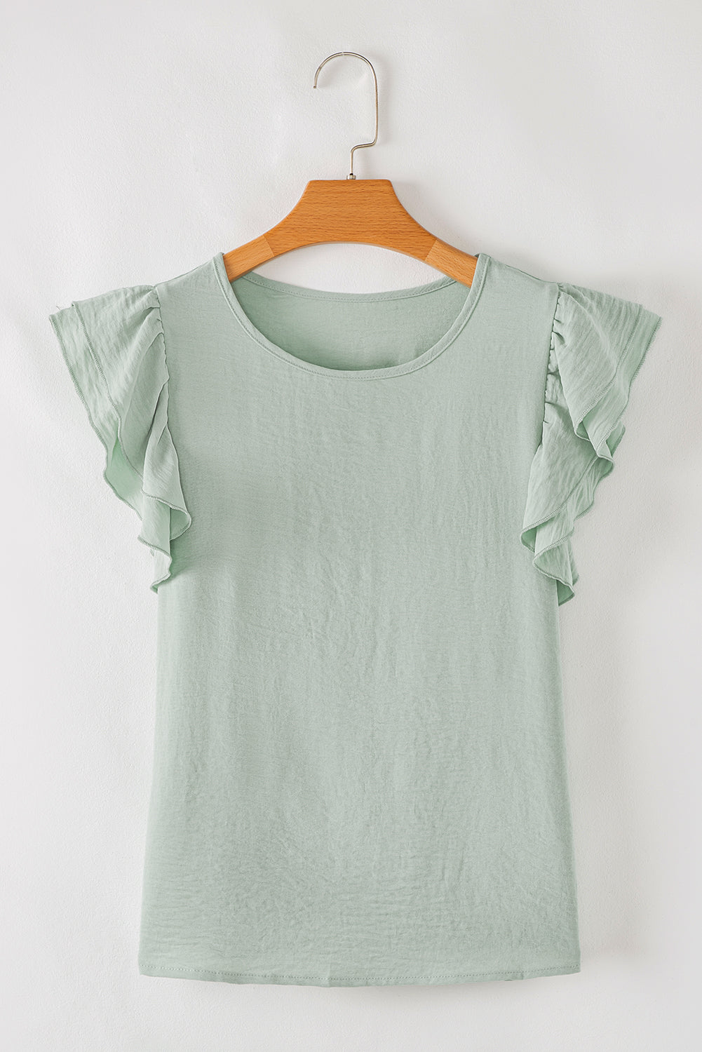 Clearly Aqua Solid Color Ruffled Short Sleeve Casual Blouse