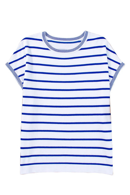 Sky Blue Stripe Knitted Bat Sleeve T Shirt - Chic Meadow Boutique 