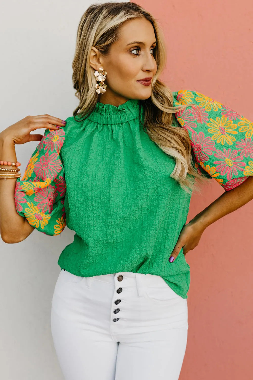 Bright Green Floral Puff Short Sleeve Ruffled Collar Button Back Top - Chic Meadow Boutique 