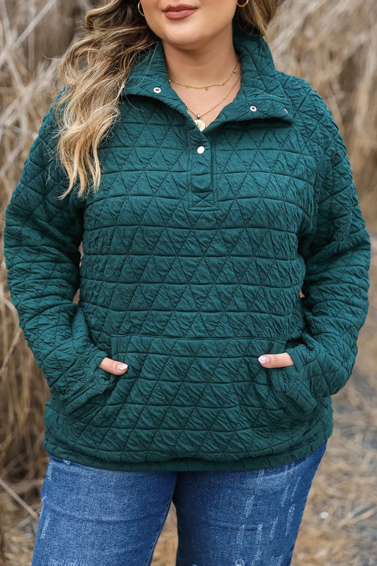 Blackish Green Plus Size Quarter Buttoned Pocketed Quilted Sweatshirt - Chic Meadow Boutique 