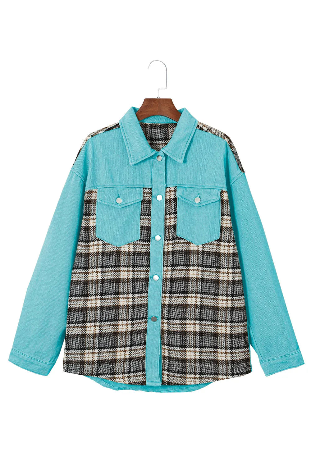 Sky Blue Plaid Patchwork Pockets Denim Jacket - Chic Meadow Boutique 