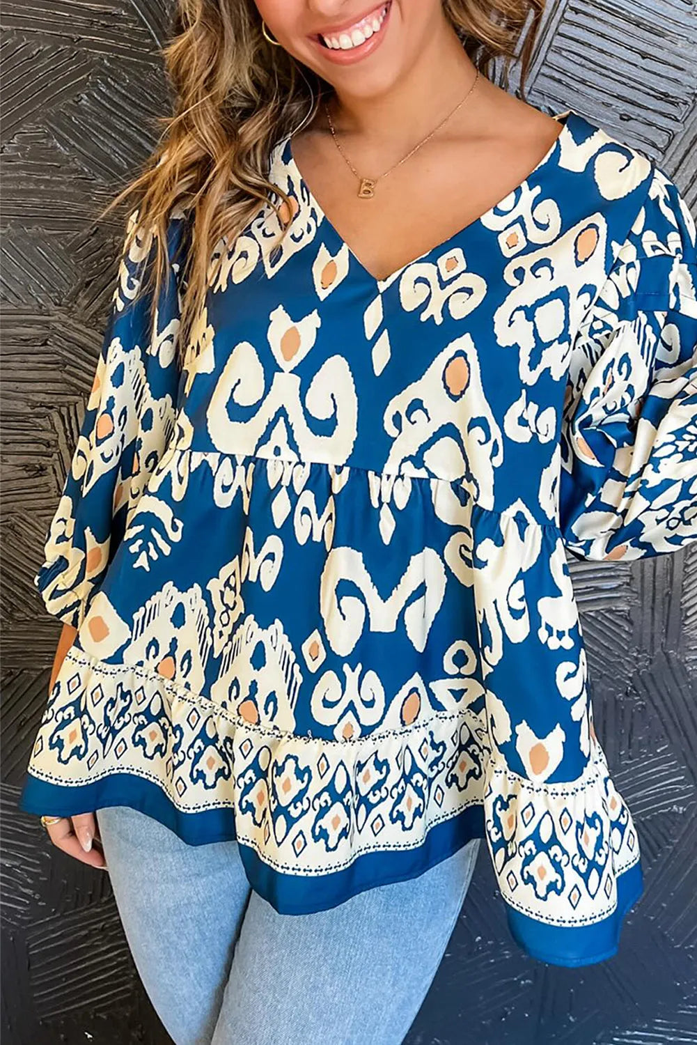 Blue Tribal Geometric Print 3/4 Sleeve Flowy Fit Blouse - Chic Meadow Boutique 