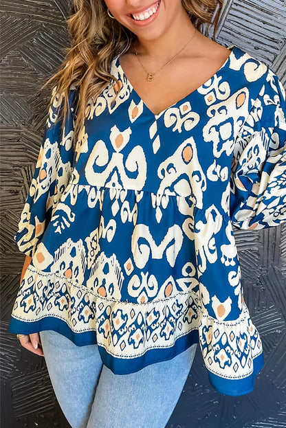 Blue Tribal Geometric Print 3/4 Sleeve Flowy Fit Blouse - Chic Meadow Boutique 