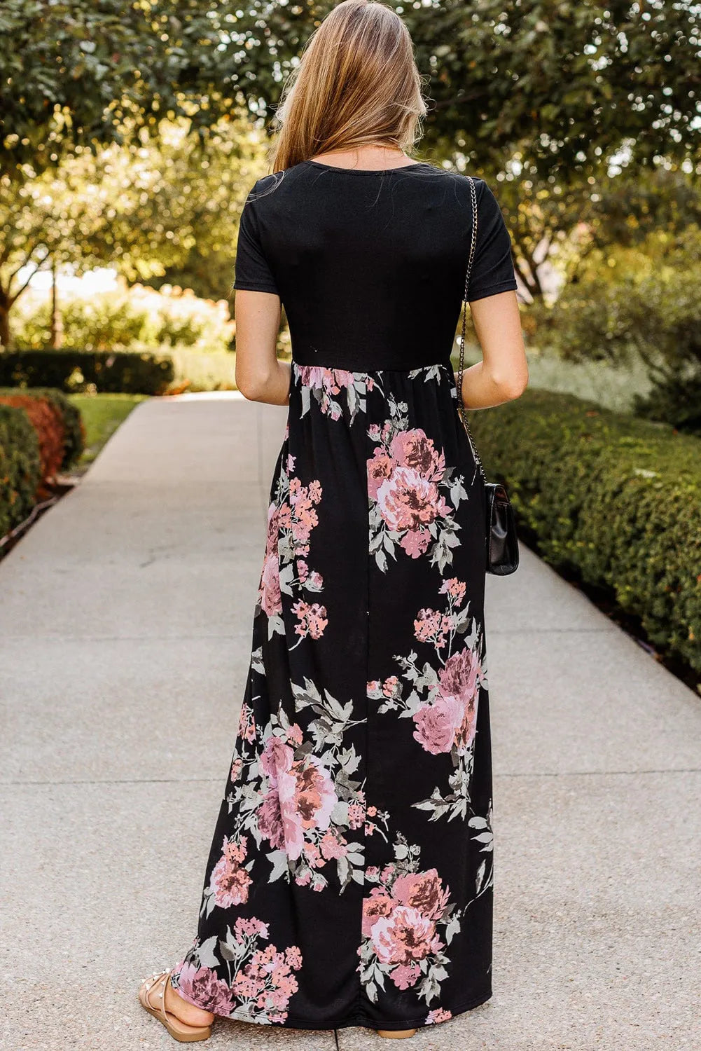 Black Contrast Floral Empire Waist Maxi Dress - Chic Meadow Boutique 