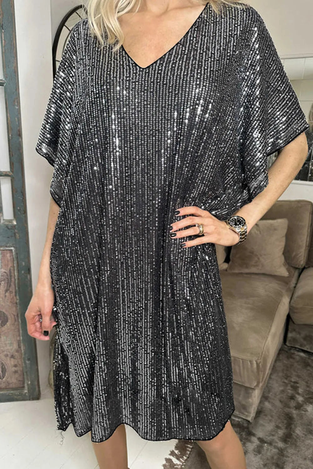 Dark Grey Sequin V Neck Dolman Sleeve Shift Dress - Chic Meadow Boutique 