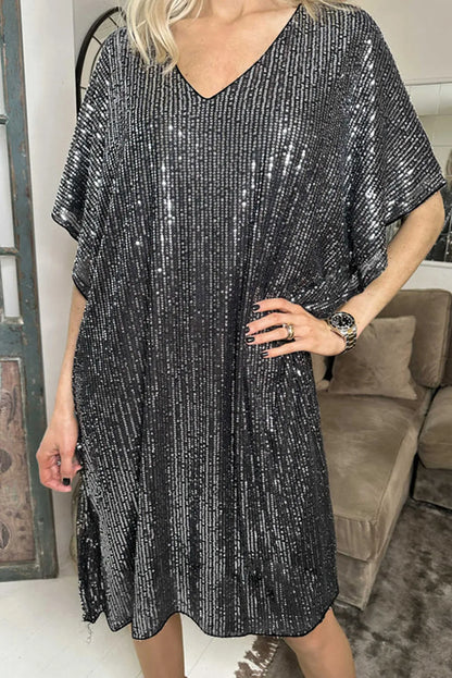 Dark Grey Sequin V Neck Dolman Sleeve Shift Dress - Chic Meadow Boutique 