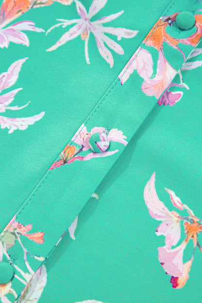 Green Floral Lantern Sleeve Button Front Shirt