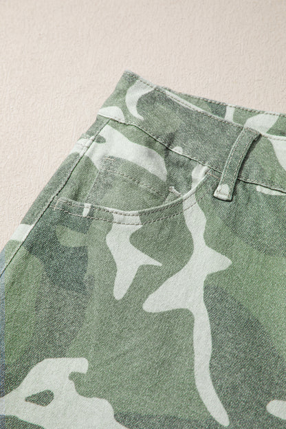 Green Camo Print Button Fly Straight Leg Ankle Length Jeans