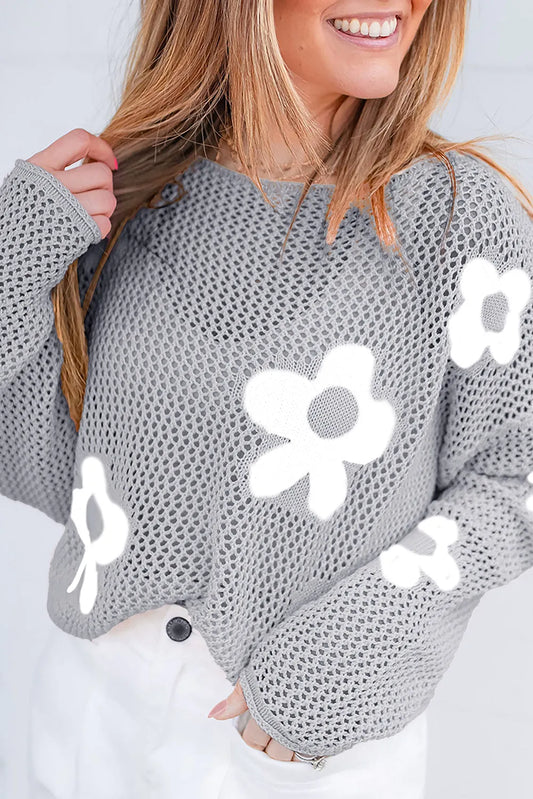 Light Grey Big Flower Hollowed Knit Drop Shoulder Sweater - Chic Meadow Boutique 